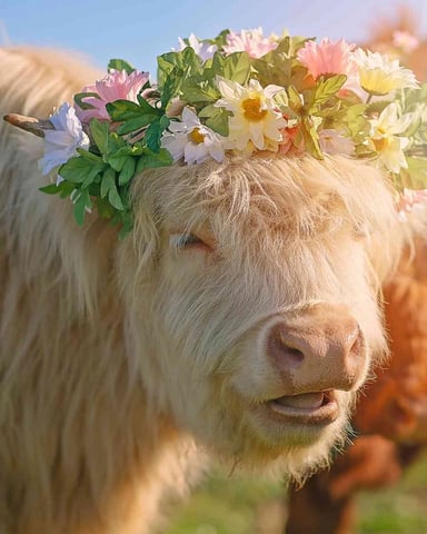 White Highland cattle wearing colorful daisy flower crown in pasture with brown cattle in background